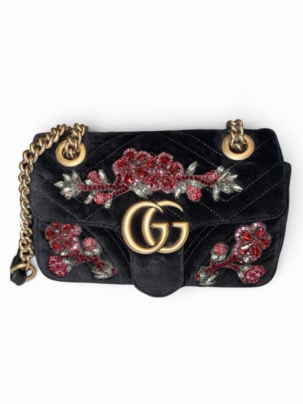 Gucci GG Marmont Large Black Velvet Crystal Floral Embroidered Shoulder Bag COA
